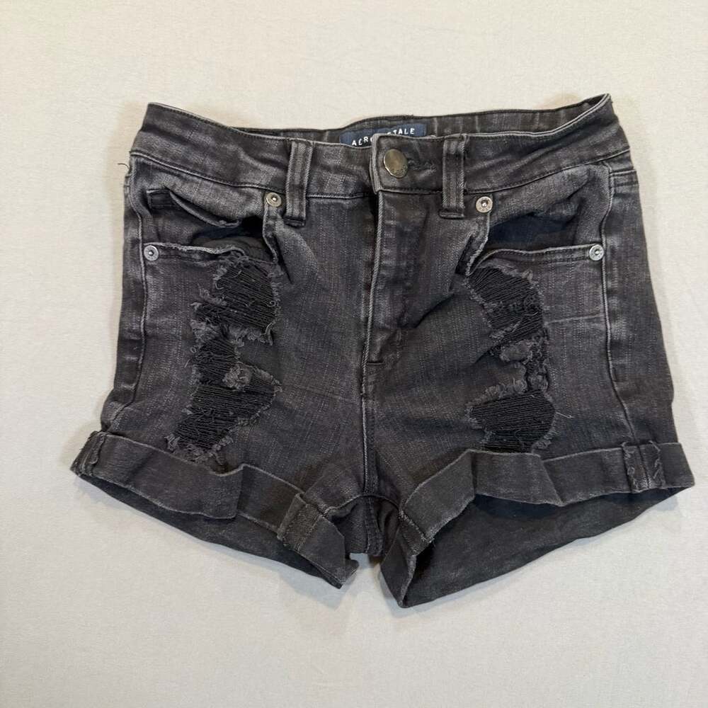 Aeropostale High Rise Midi Denim Shorts Size 4 Black Distressed